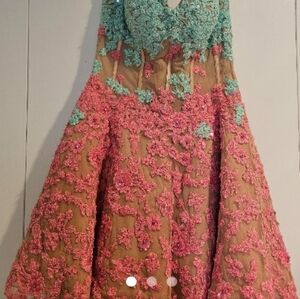 Sherri Hill Pink & Teal Strapless Lace Appliqué Gown